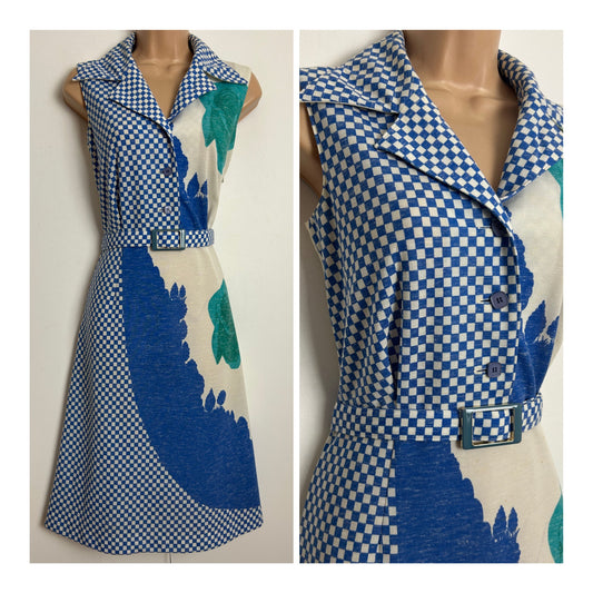 Vintage 1970s Size 10 Blue White & Green Check & Floral Print Sleeveless Belted Day Dress