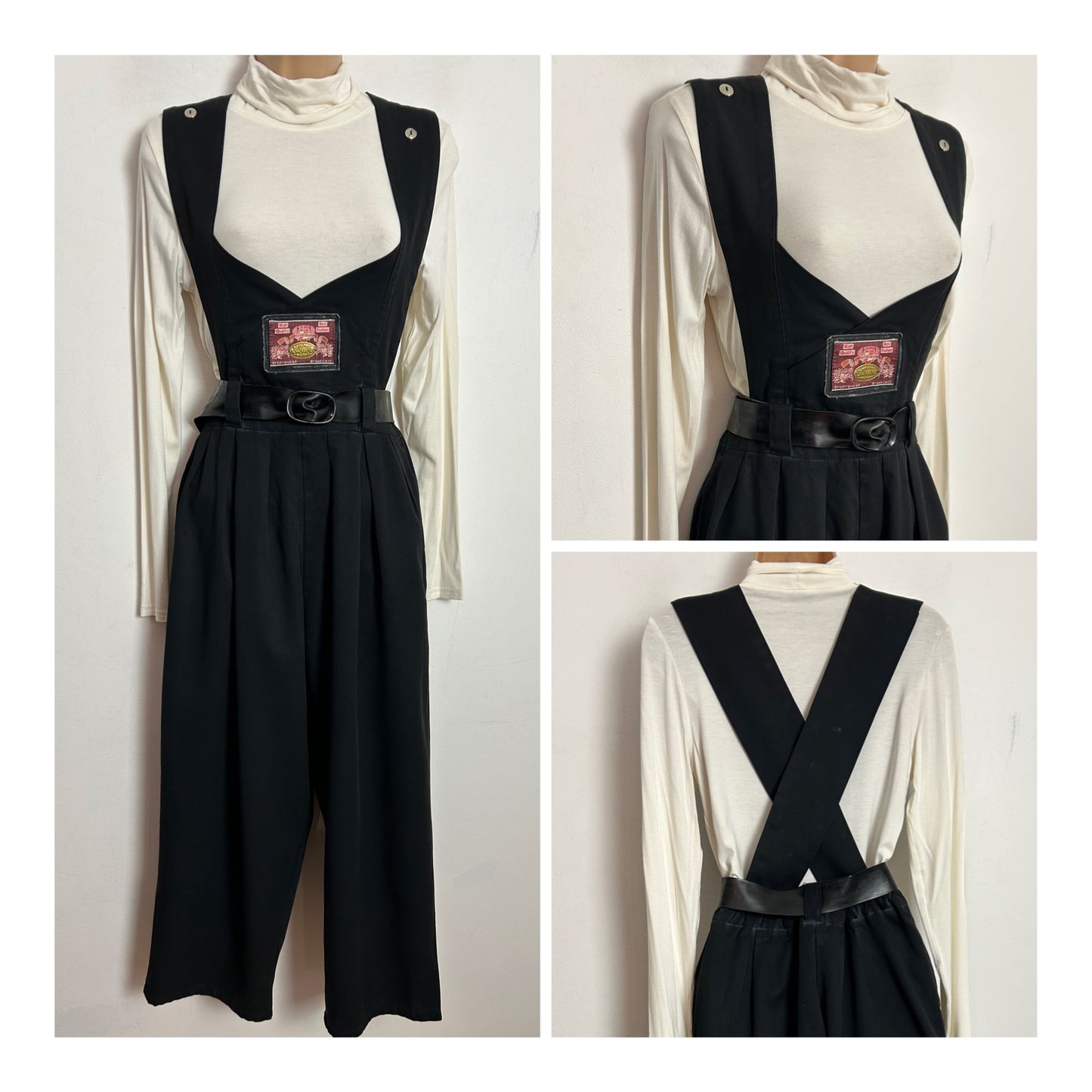 Vintage 1980s UK Size 10 Black Low Front Wide Straps Belted Cropped Wide Leg Jumpsuit