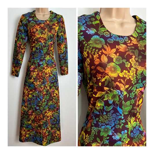 Vintage 1970s Size 6-8 Brown Orange Yellow Green & Blue Floral Print Long Sleeve Maxi Dress