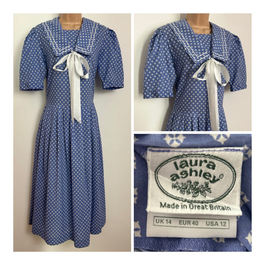 Vintage 1980s LAURA ASHLEY Size 12 Blue & White Print Sailor Collar Pleated Day Dress