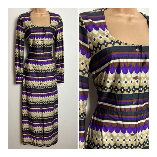 Vintage 1970s MISS PARISIENNE Size 8 Purple Beige Black & Brown Scallop & Floral Print Maxi Dress
