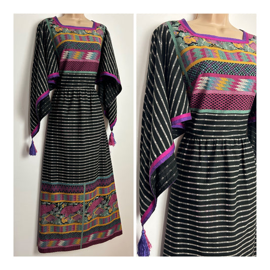 Vintage 1970s LUCIE LINDEN Size 8 Black White Green & Dark Yellow Cotton Pointed Tassel Sleeve Boho Maxi Dress