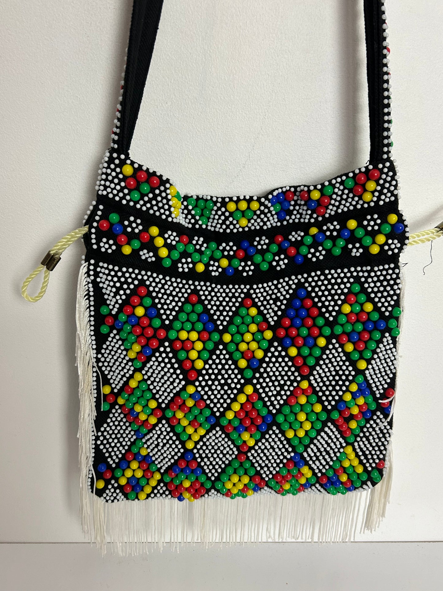 Vintage 1970s Black Fabric Multicolour Beaded Draw Tie Pouch Shoulder Bag