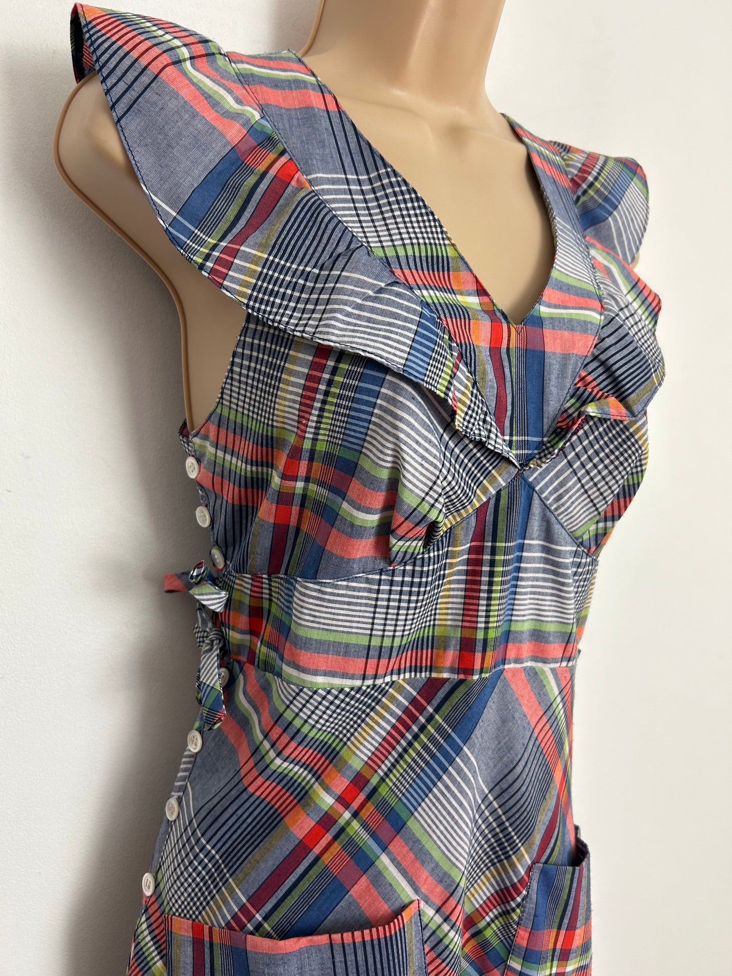 Vintage 1970s BETTY BARCLAY UK Size 6 Blue Red & Green Check Print Cotton Pocket Detail Tie Side Summer Day Dress