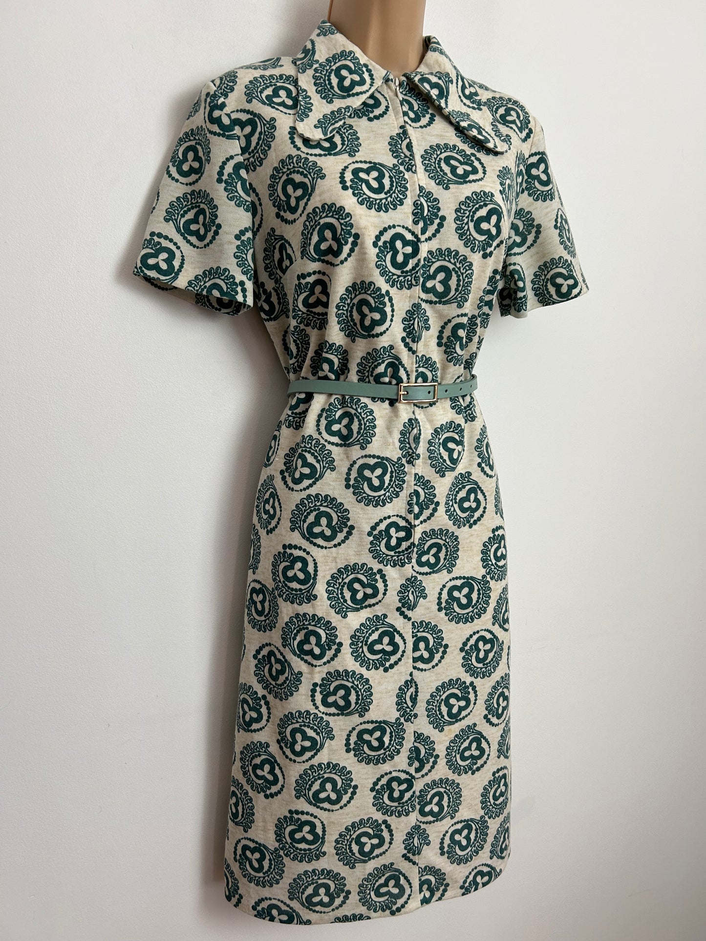 Vintage 1970s UK Size 12 Beige & Teal Abstract Print Linen Mix Belted Beagle Collar Mod Dress