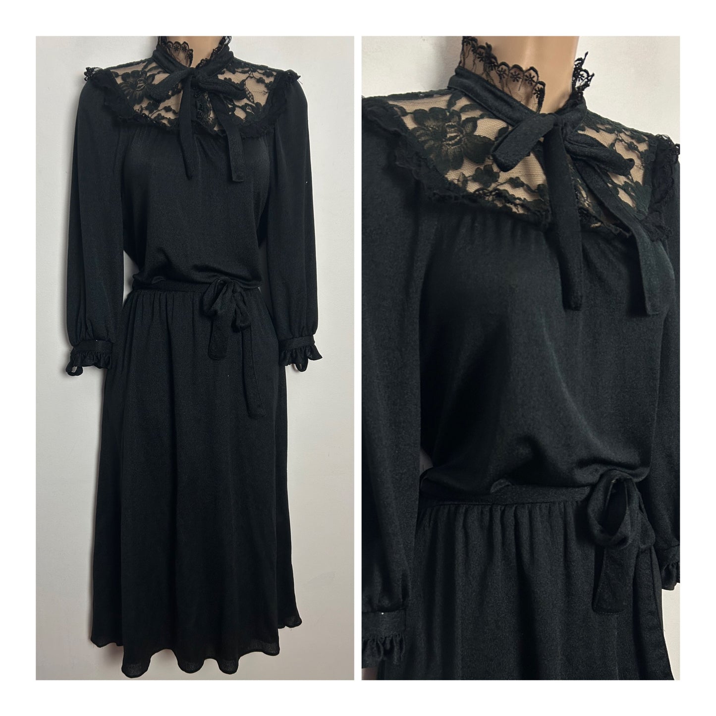 Vintage 1970s UK Size 10 Black Lace Yoke Tie Neck Long Sleeve Belted Day Dress