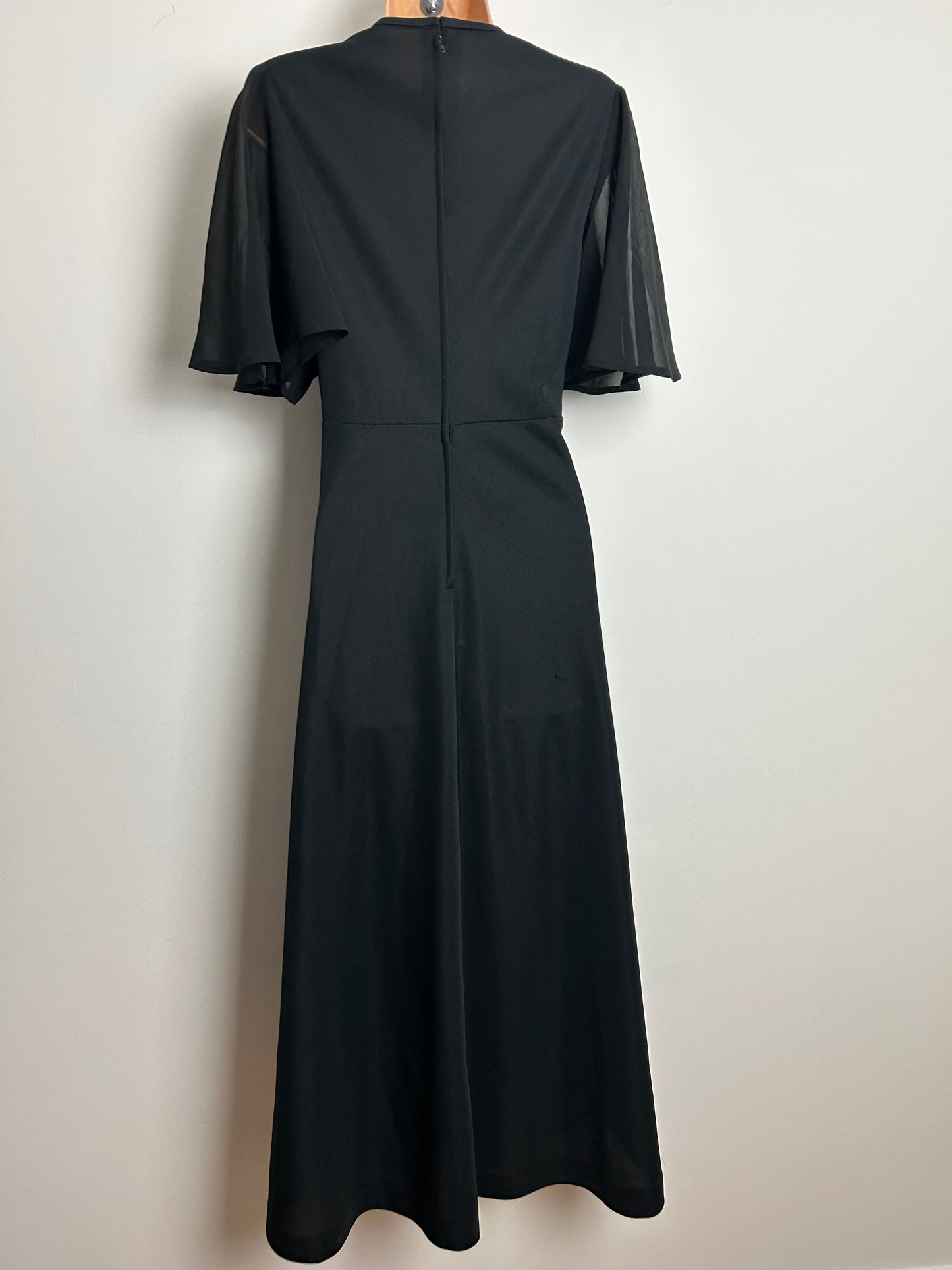 Vintage 1970s Size 12-14 Black Illusion Neck Flutter Sleeve Occasion Evening Maxi Dress