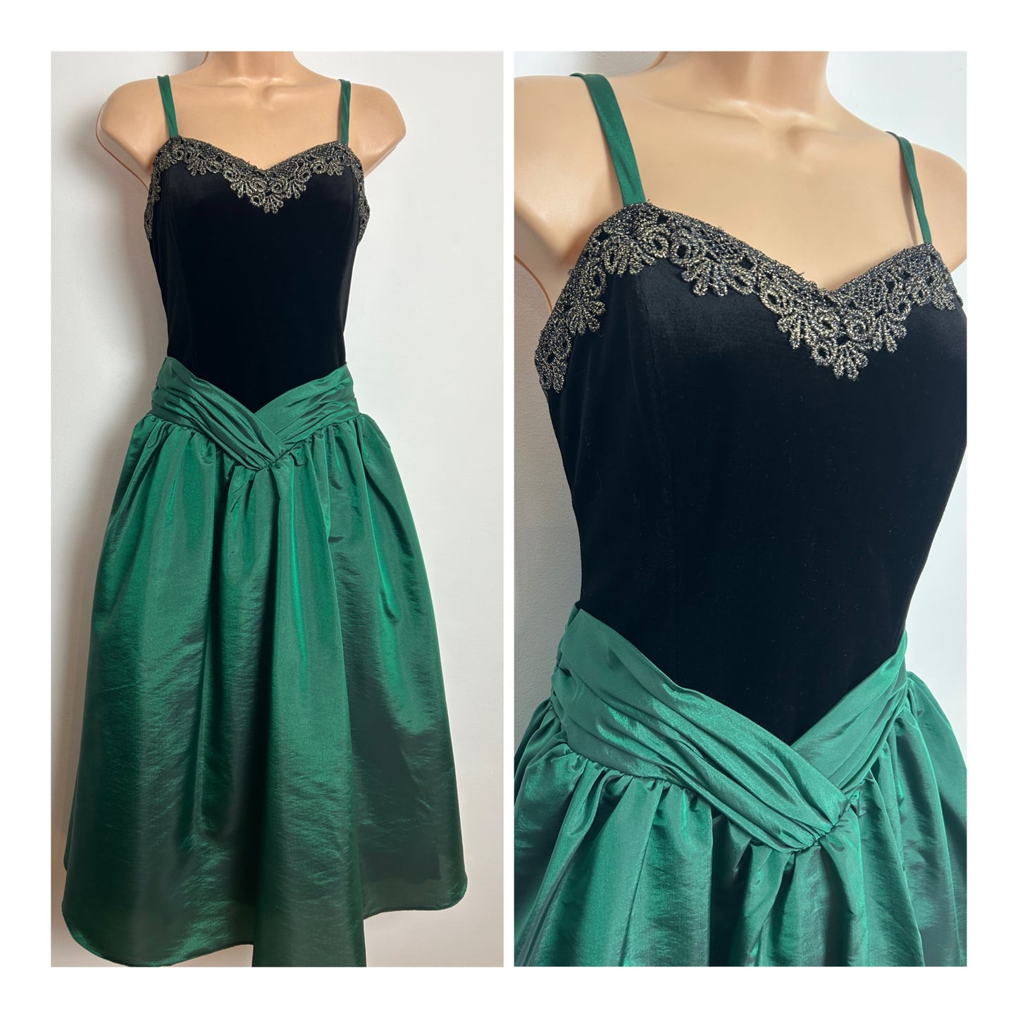 Vintage 1980s Size 12 Black & Dark Green Velvet & Satin Taffeta Braid Trim Xmas Party Dress