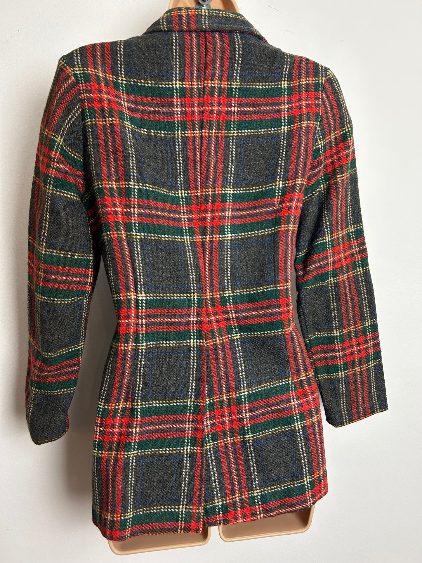 Vintage 1970s Size 8 Red Grey & Green Tartan Check Wool Mix Blazer