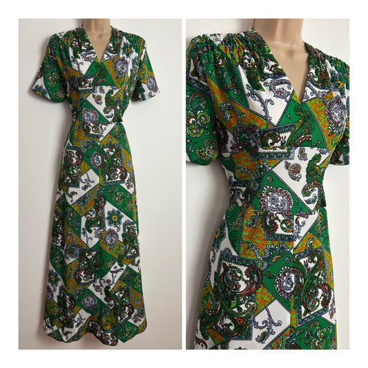 Vintage 1970s Size 10 Green White & Orange Nouveau Scarf Print Maxi Dress