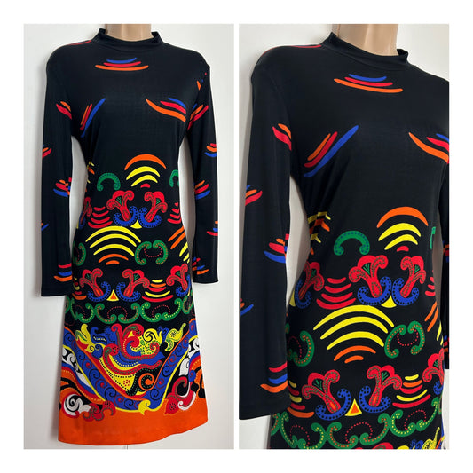 Vintage 1970s ELEGANCE PARIS Size 10 Black Multicolour Abstract Print Long Sleeve Shift Dress