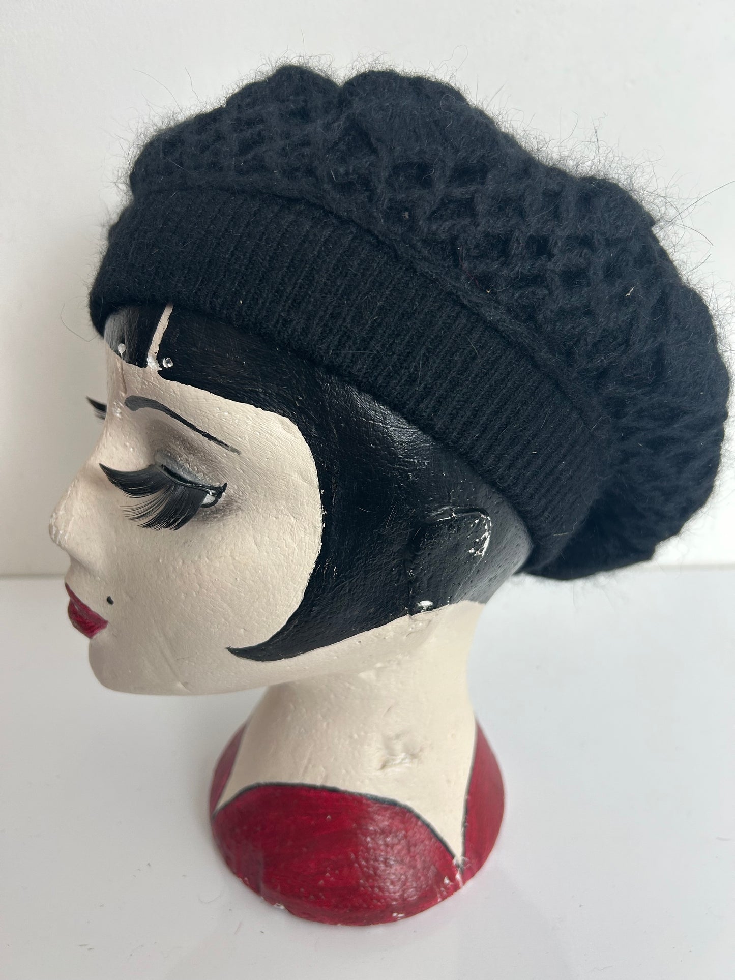 Vintage Black Crochet Wool & Angora Mix Beret Hat