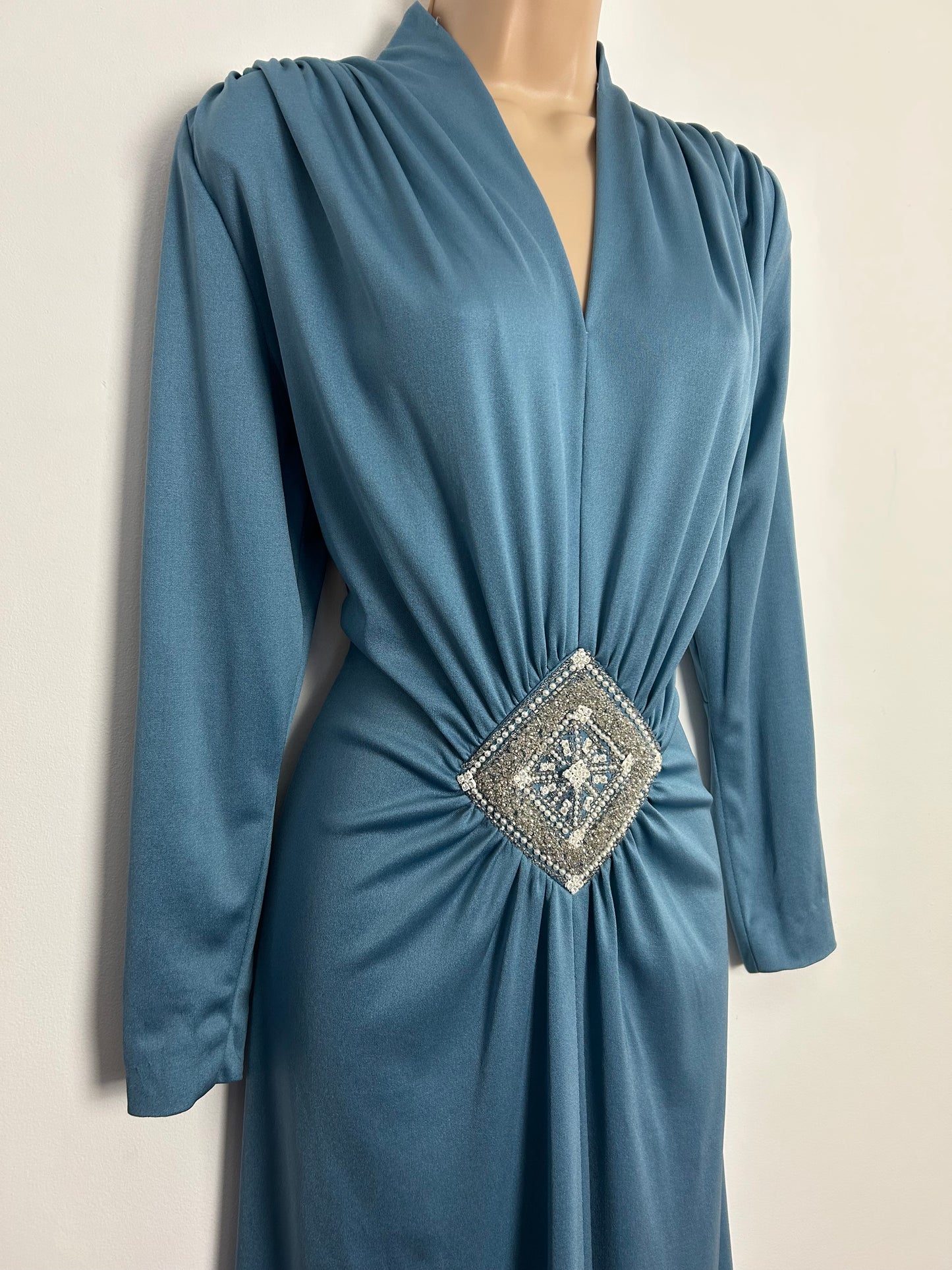 Vintage 1970s MARJON COUTURE & BAKER SPORTSWEAR UK Size 12 -14 Dusky Blue Long Sleeve Bead & Diamante Detail Occasion Maxi Dress