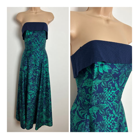 Vintage 1980s SUSAN GILLIS-BROWNE Size 6-8 Navy Blue & Green Floral Strapless Maxi Dress