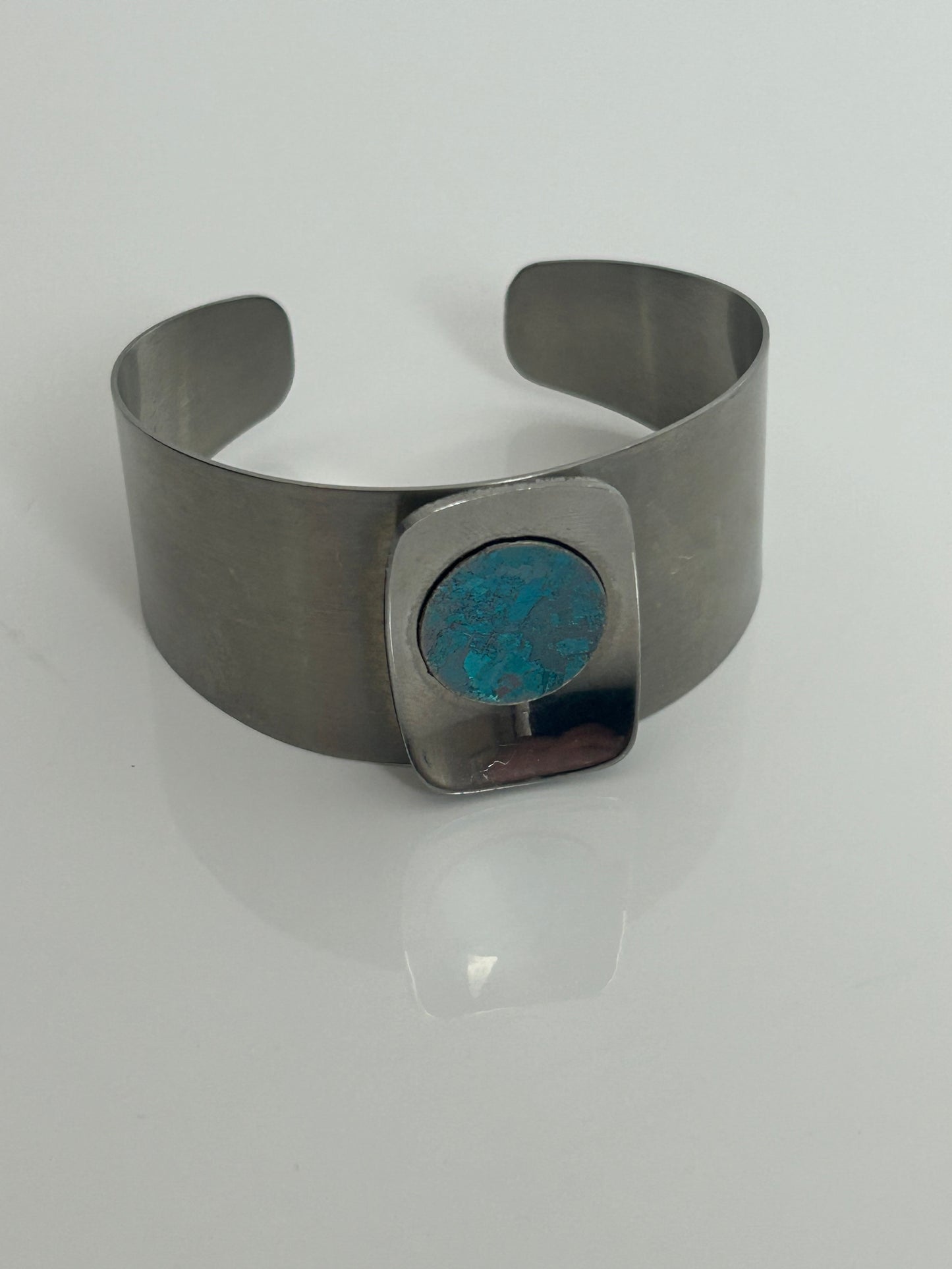 Vintage 1970s Silver Tone Steel Modernist Wide Cuff Style Bracelet