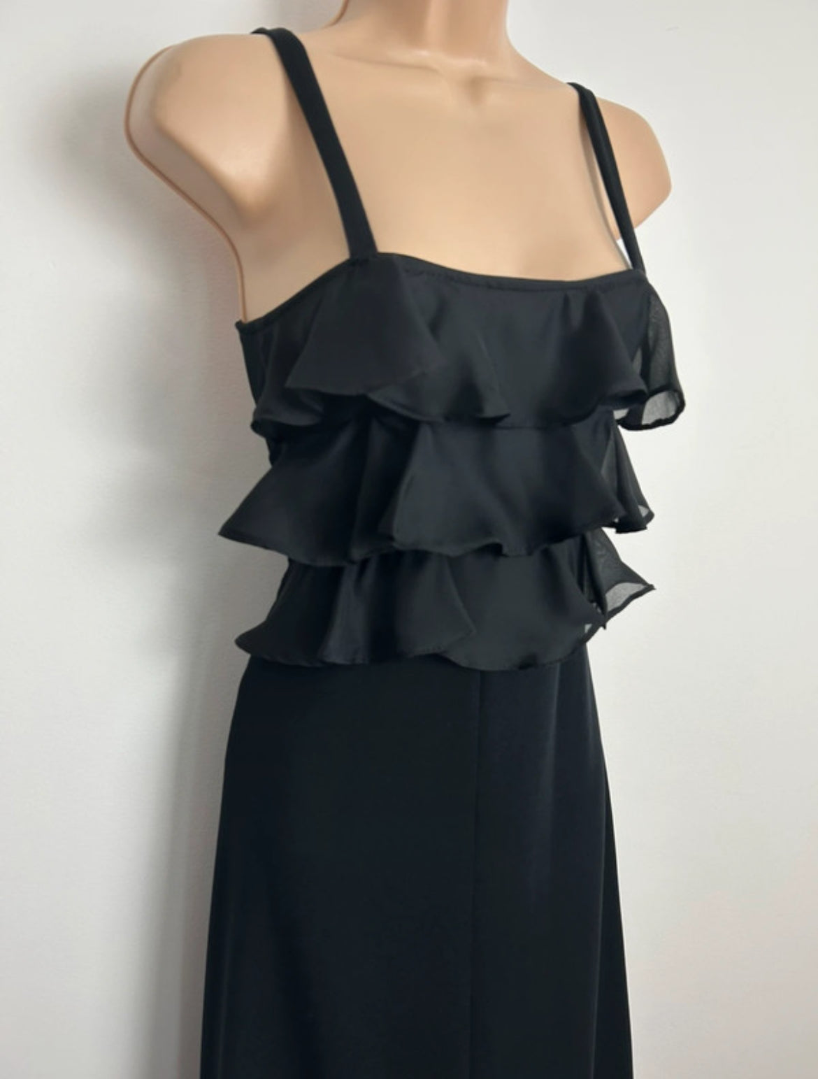 Vintage 1970s Size 4-6 Lovely Black Strappy Ruffle Layered Maxi Dress