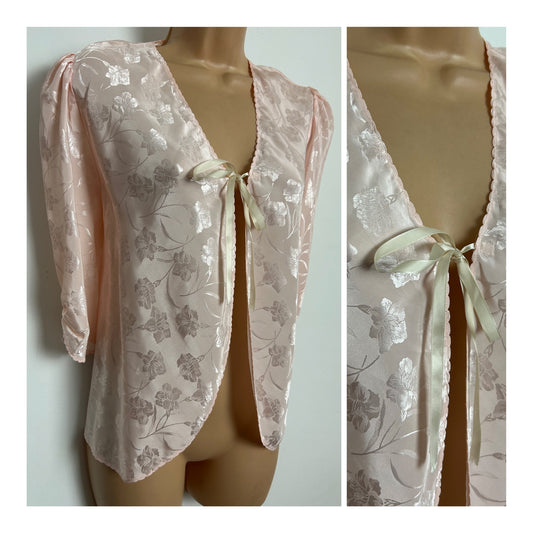 Vintage 1980s Size 12-14 Pretty Pale Peach Floral Silky Tie Front Cover Up