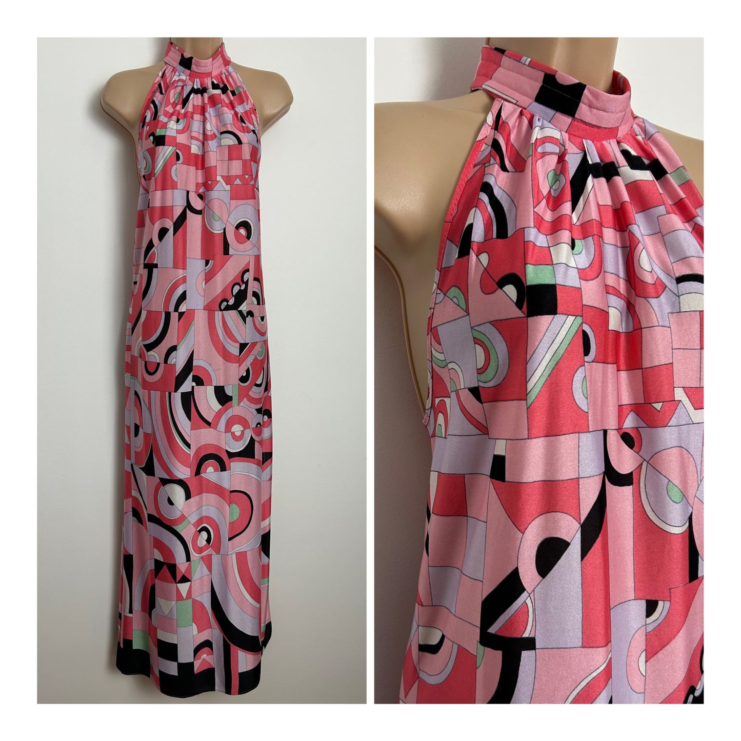 Vintage 1970s Size 8-10 Pink Tones Psychedelic Geo Print Halter Neck Trapeze Style Maxi Dress