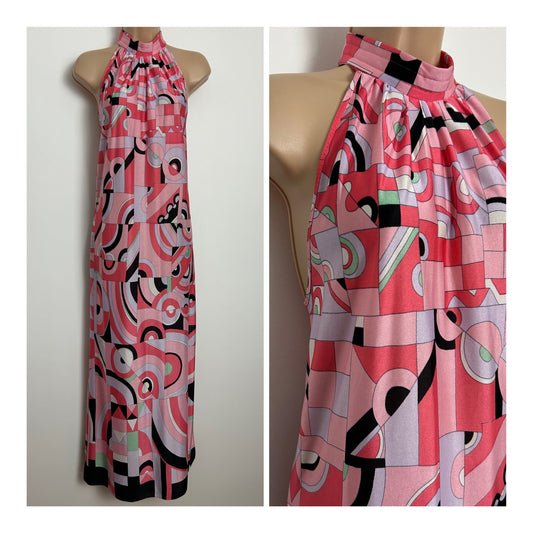 Vintage 1970s Size 8-10 Pink Tones Psychedelic Geo Print Halter Neck Trapeze Style Maxi Dress