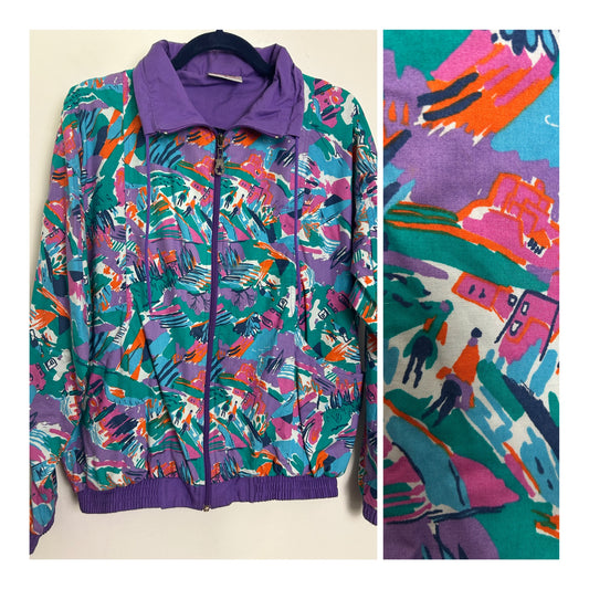 Vintage 1980s/1990s KILLTEC Size S (Up to size 12/14) Green Purple Orange & Blue Abstract Houses & People Print Jacket