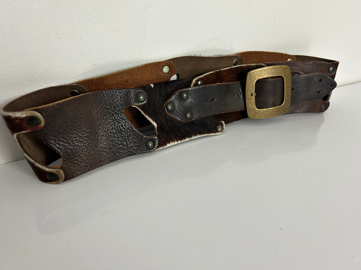 Vintage 1970s Real Leather & Hair On Hide Panels Western Cowgirl Wide Belt 32" Waist