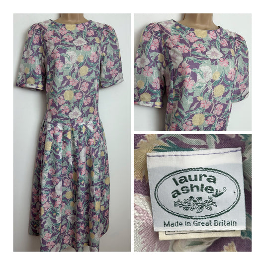 Vintage 1980s LAURA ASHLEY Size 10 Mauve Lemon & Green Floral Linen & Cotton Mid Pleated Midi Day Dress