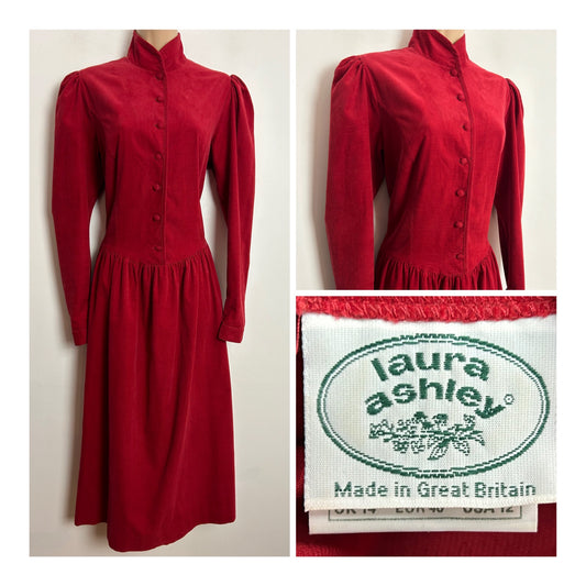 Vintage 1980s LAURA ASHLEY UK Size 12 (14 On Label) Red Cotton Needlecord Long Sleeve Midi Dress
