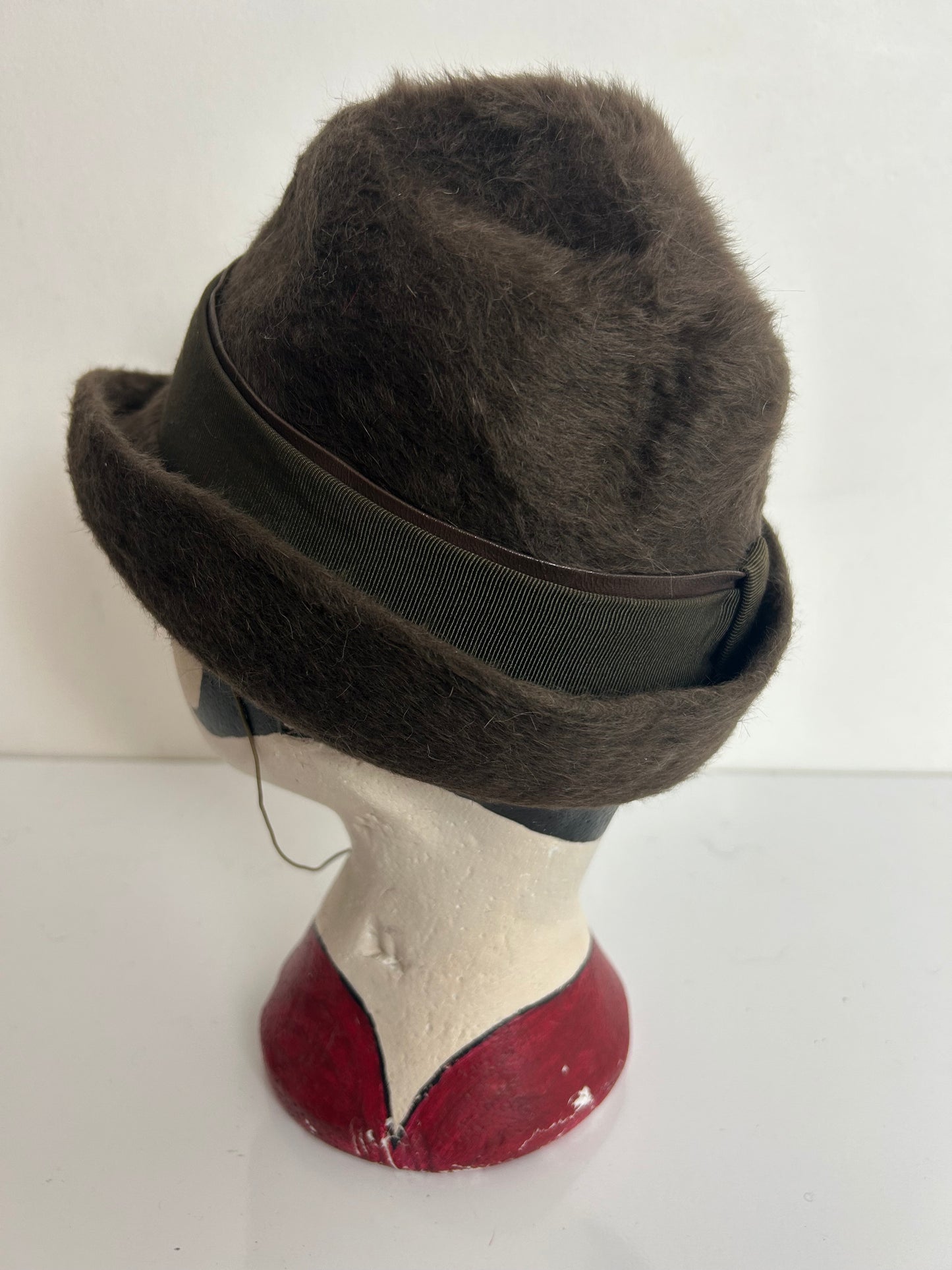 Vintage 1970s Dark Olive Green Angora Mix Austrian Peaked Hat