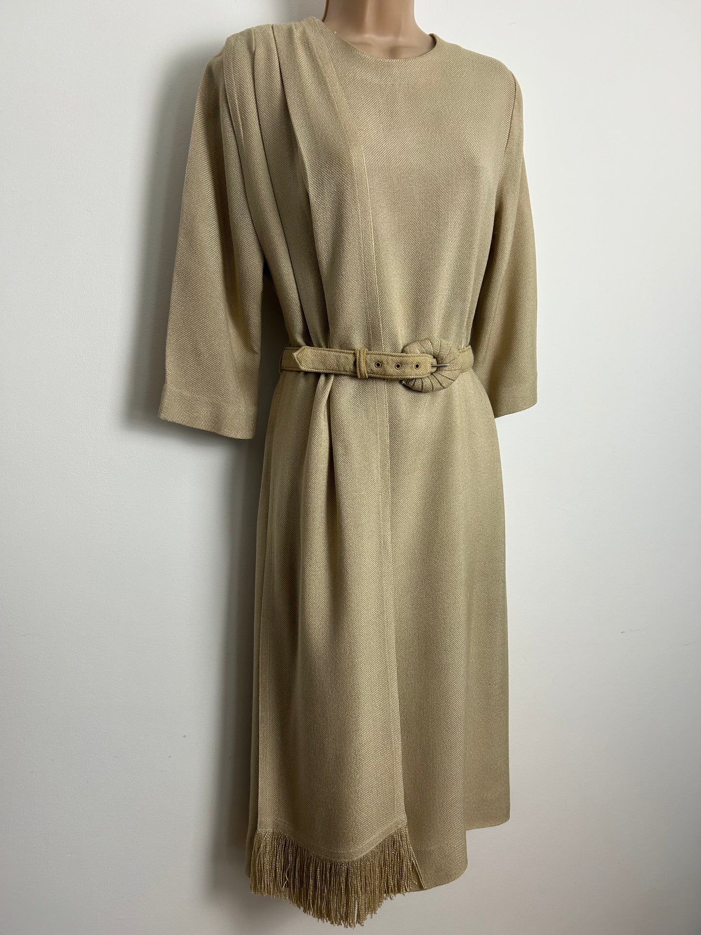 Vintage 1950s CHARLES BUTLER Size 12 Beige MOYGASHEL Irish Linen Belted Dress