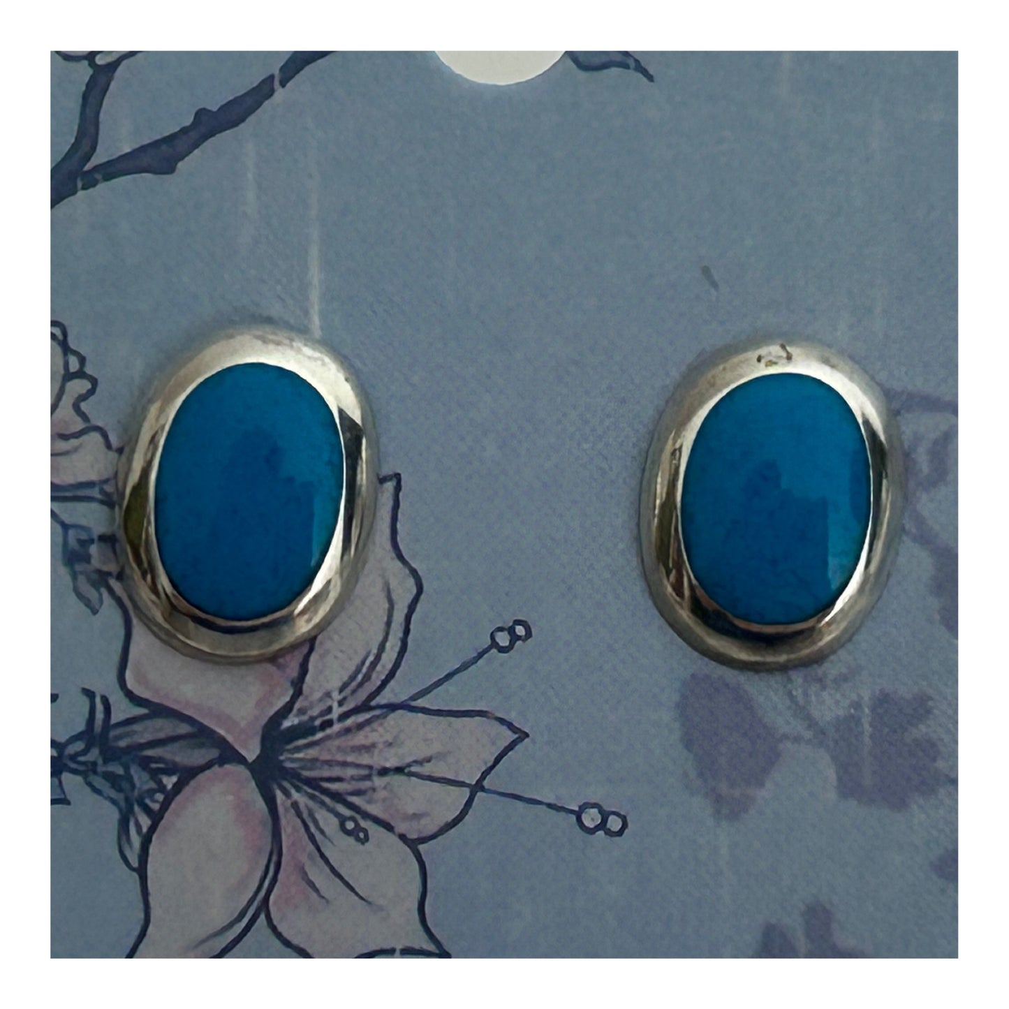 Vintage Silver Tone & Turquoise Enamel Small Oval Earrings