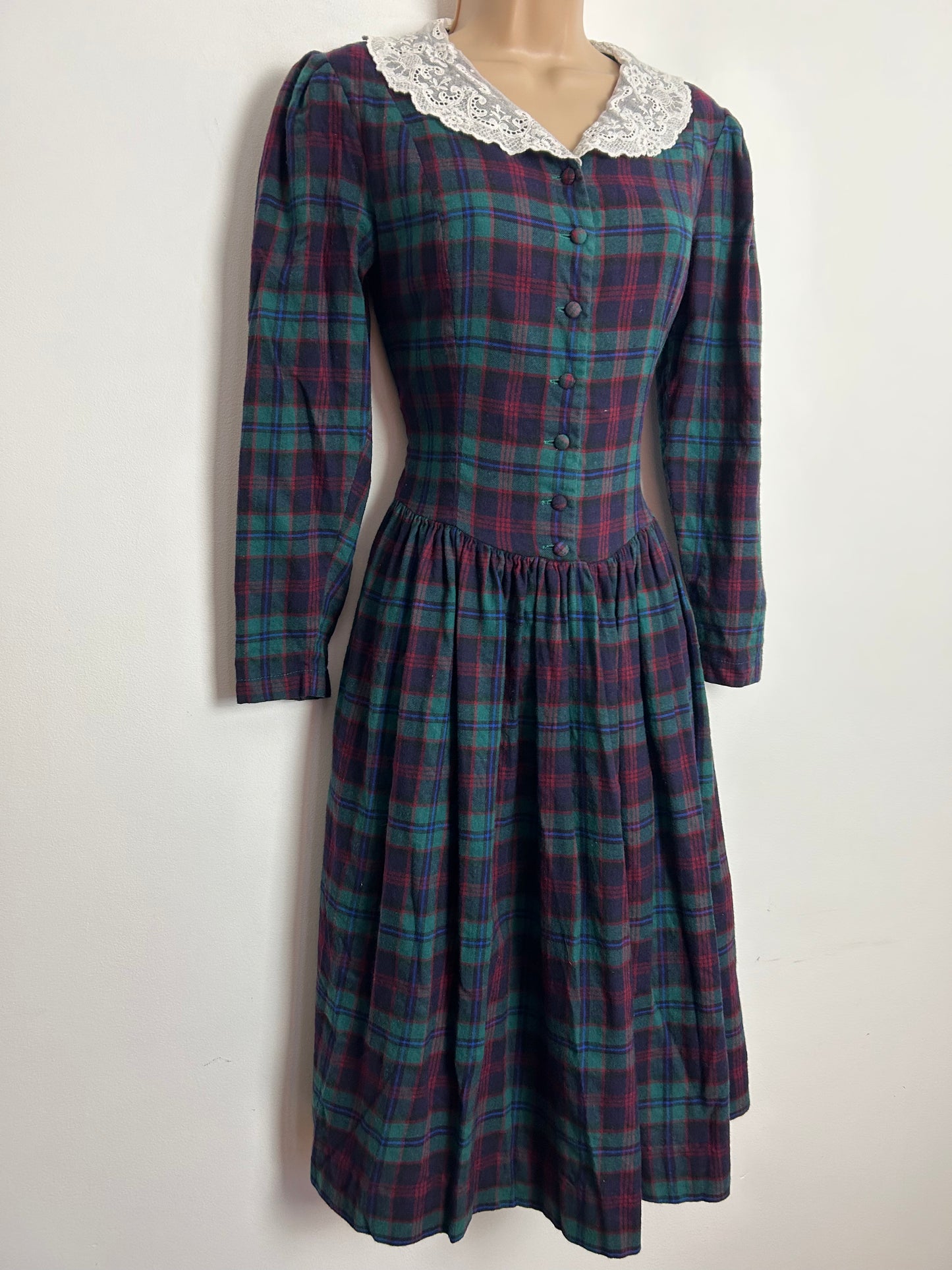 Vintage 1980s Laura Ashley UK Size 6-8 (10 On Label) Wool Mix Green Navy & Red Tartan Check Print Lace Collar Midi Dress