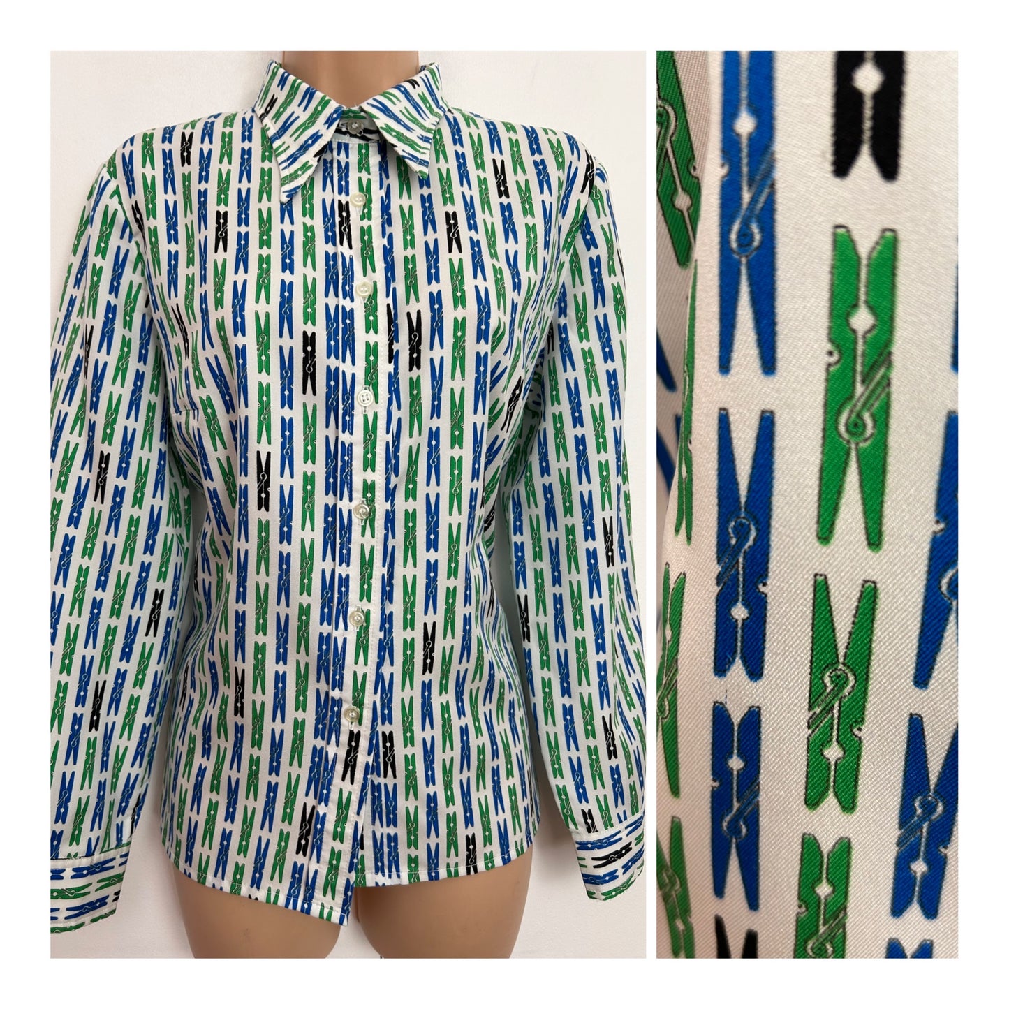 Vintage 1970s PAUL MAUSNER UK Size 14 White Blue Green & Black Peg Novelty Print Long Sleeve Shirt