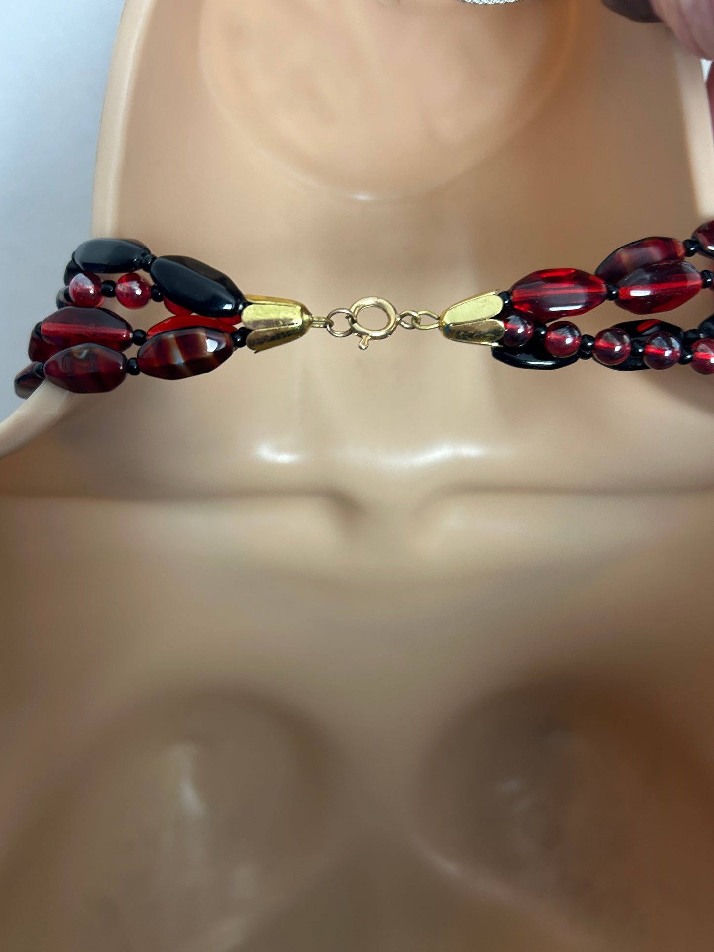 Vintage 1960s Dark Red & Black Glass Multistrand Necklace