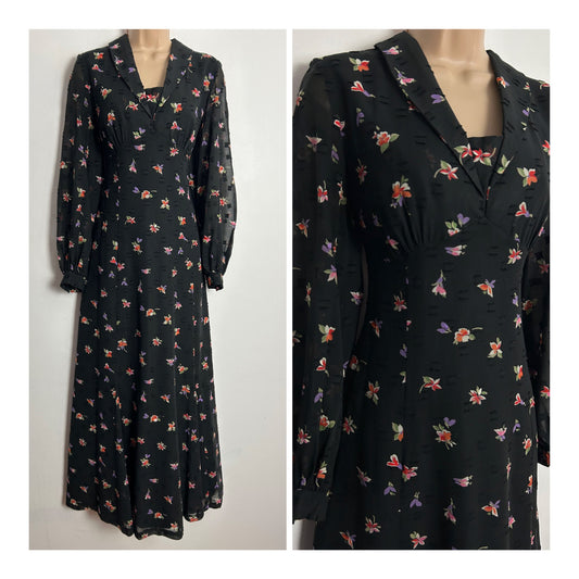Vintage 1970s SIEGELSTOFF HAUTE COUTURE UK Size 12 Black Floral & Velvet Flock Detail Long Sleeve Cotton Mix Maxi Dress