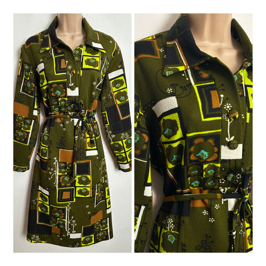 Vintage 1960s UK Size 14-16 Green Tones Abstract Print Crimplene Long Sleeve Belted Mod Dress