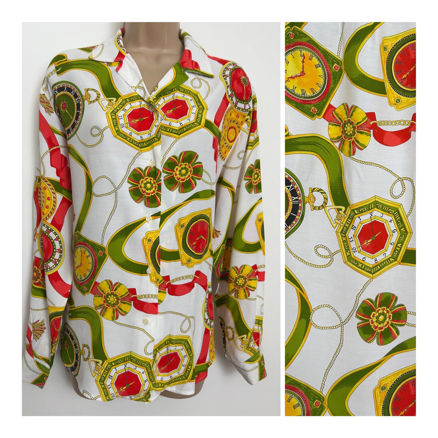 Vintage 1990s Size 14-16 White Red Green & Gold Baroque Clock Print Long Sleeve Shirt