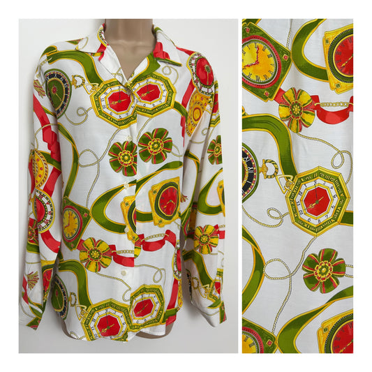 Vintage 1990s Size 14-16 White Red Green & Gold Baroque Clock Print Long Sleeve Shirt