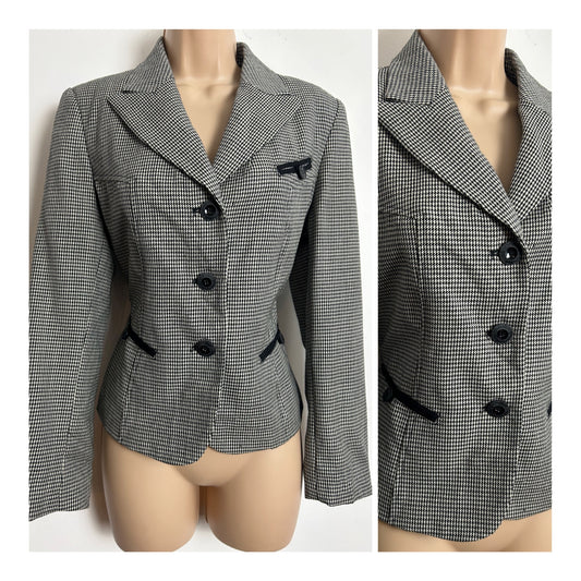 HARVE BENARD Size 10 Black & White Dogtooth Tweed Check 100% Wool Blazer Jacket