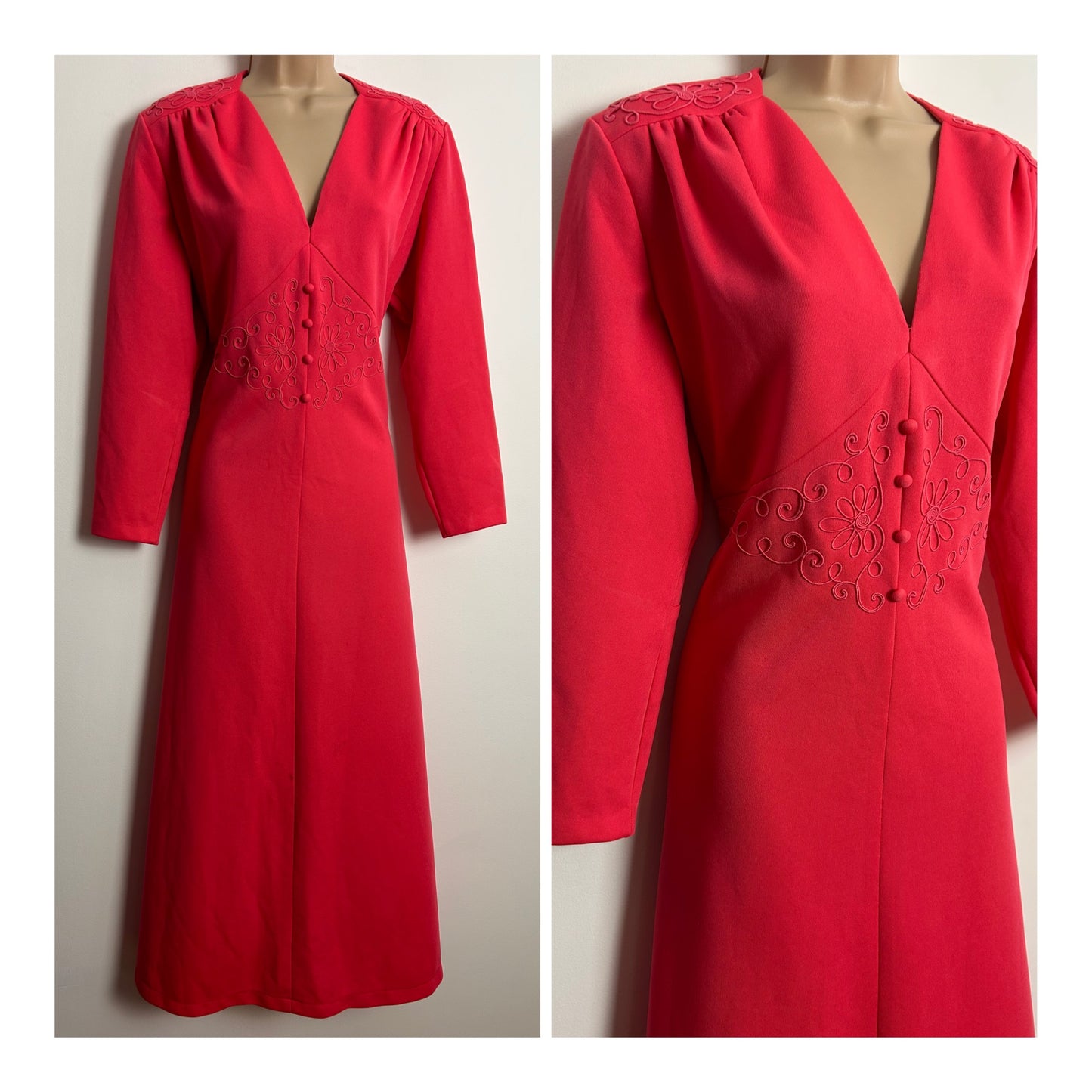 Vintage 1970s UK Size 16 Candy Pink Floral Braid Trim Long Sleeve Occasion Maxi Dress