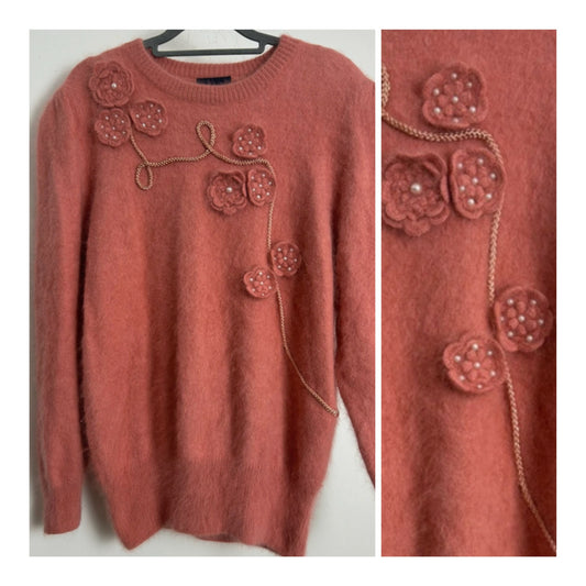 Vintage 1980s YOUR SIXTH SENSE Size 14 Salmon Pink Super Soft Angora Mix Applique Jumper