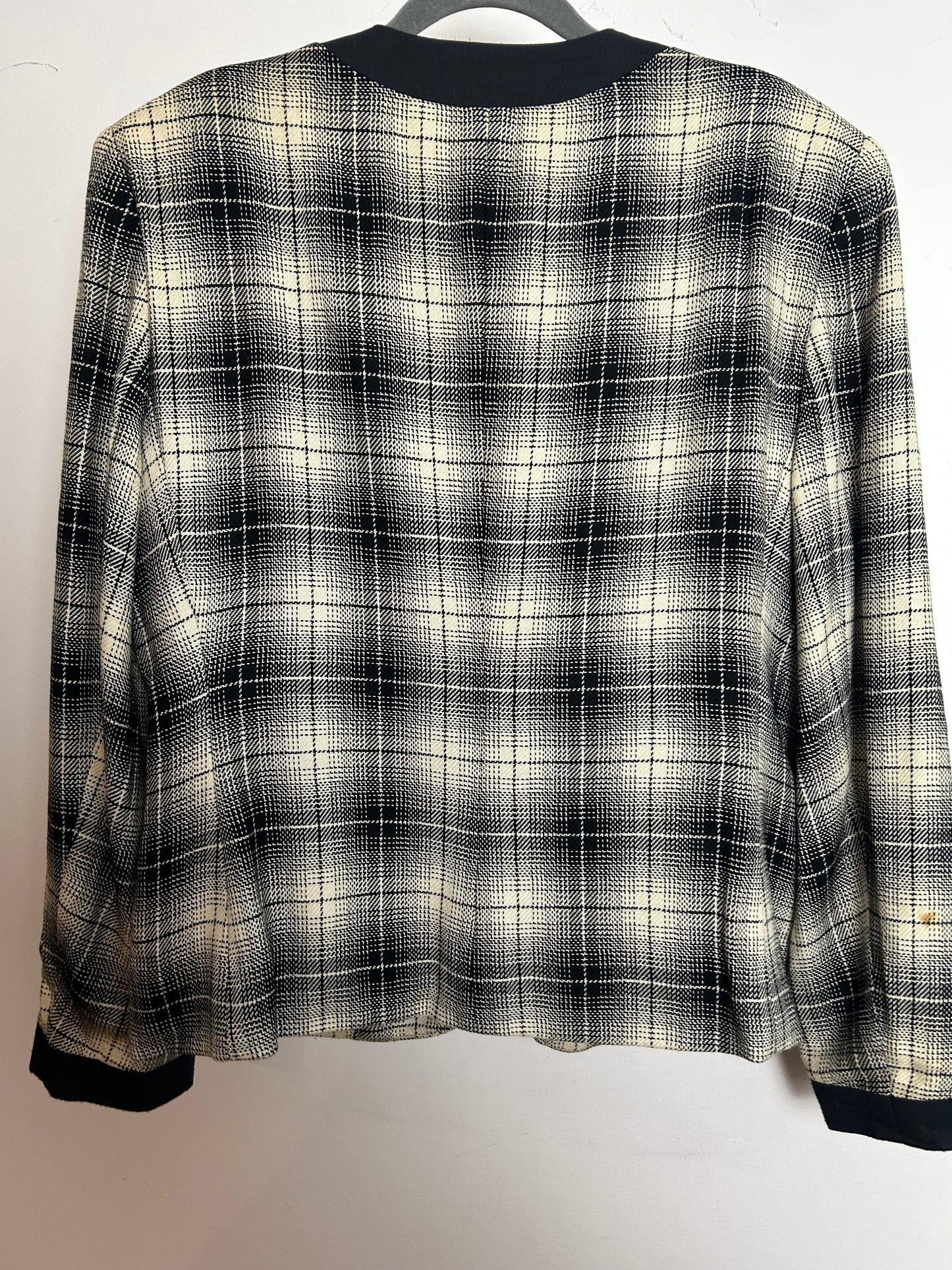 Vintage 1980s ELLEN KAYE Size 12-14 Beige & Black Check Print Collarless Blazer Jacket