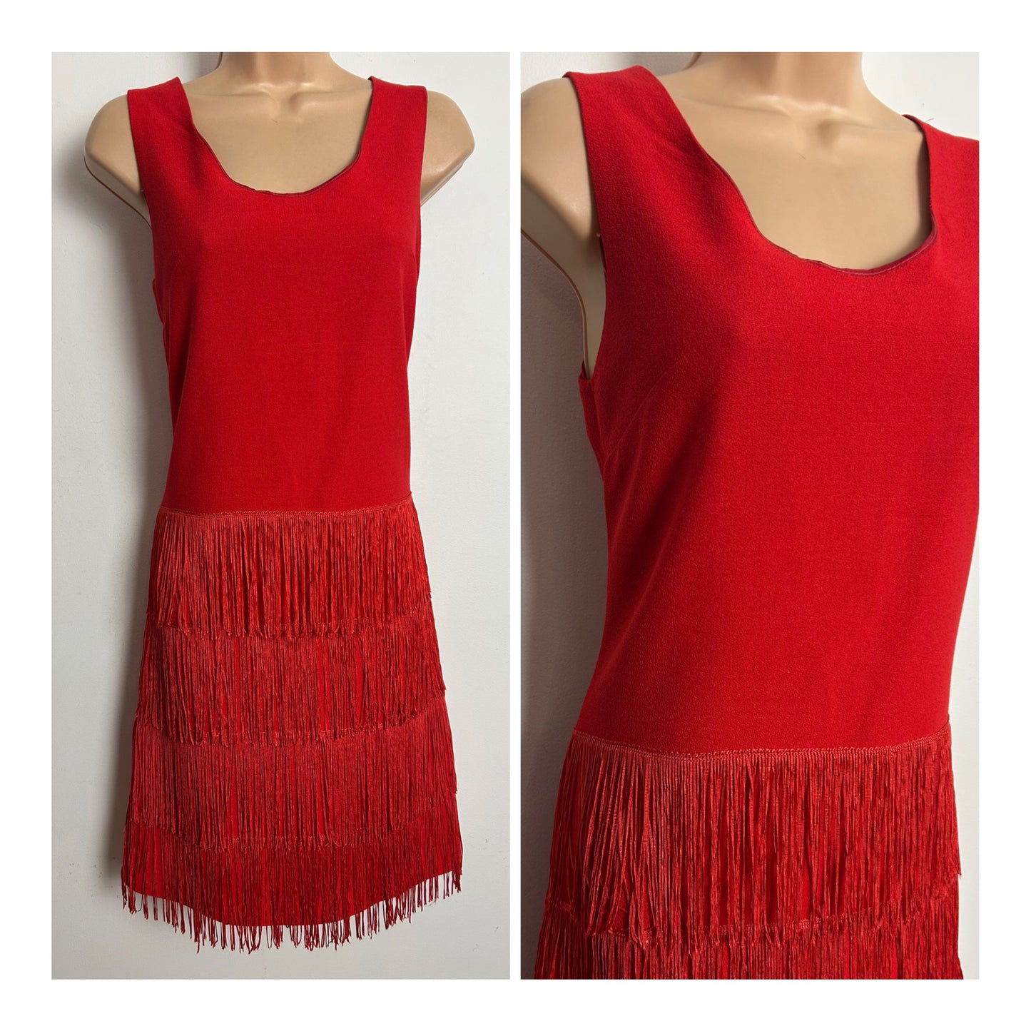 Vintage 1960s SUSAN ROGERS Size 8 Red Sleeveless Fringed Flapper Style Shift Dress