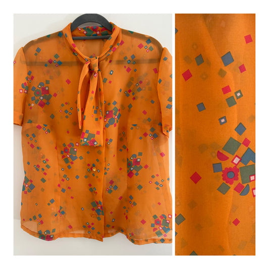 Vintage 1970’s Size 14 Orange Blue Pink & Green Geo Print Tie Neck Chiffon Blouse
