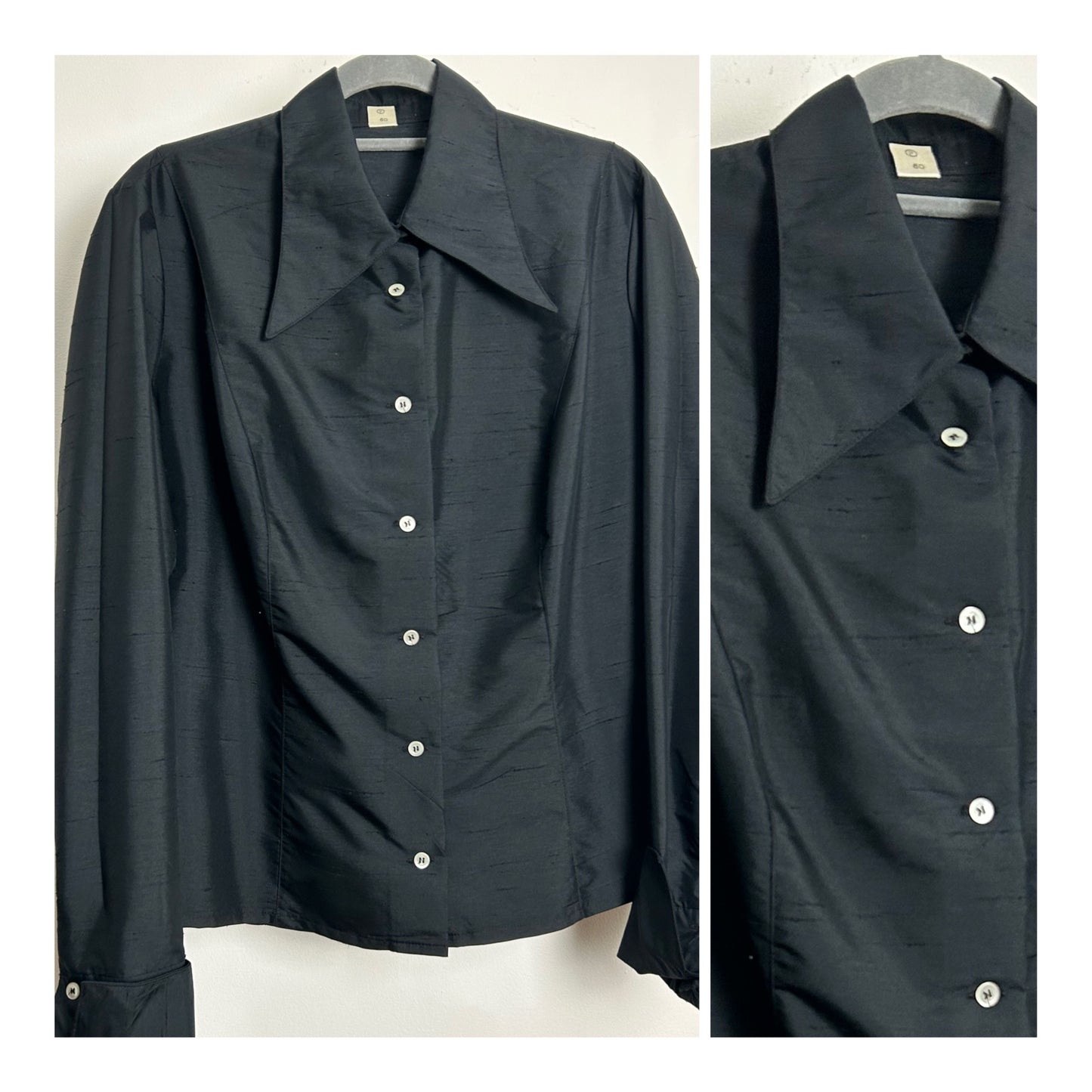 Vintage 1970s Size 18 Black Dagger Collar Long Sleeve Shirt