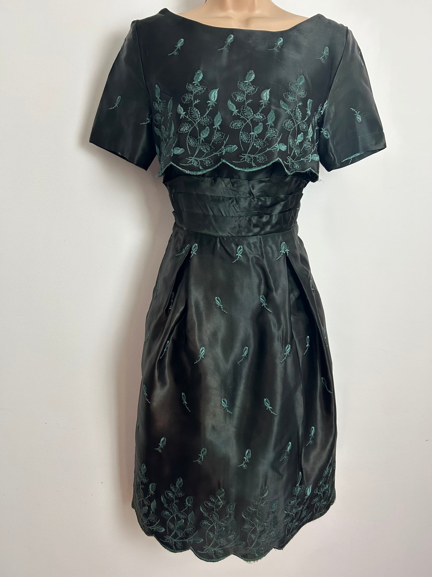Vintage Late 1950s Size 6-8 Very Dark Green Satin Embroidered Scallop Layered Occasion Dress