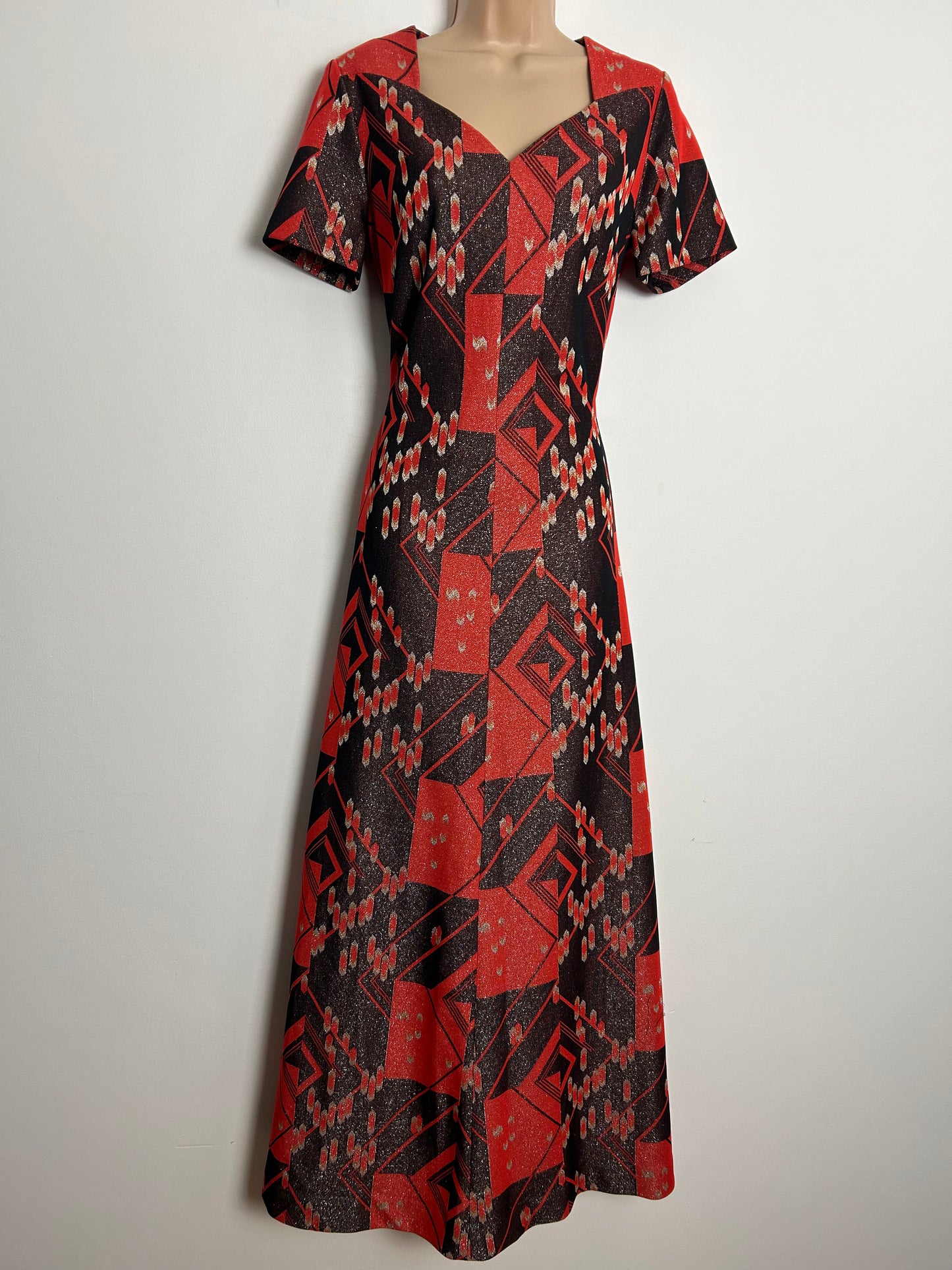 Vintage 1970s UK Size 12 Red Dark Brown Silver & Gold Abstract Geo Print Lurex Occasion Evening Maxi Dress