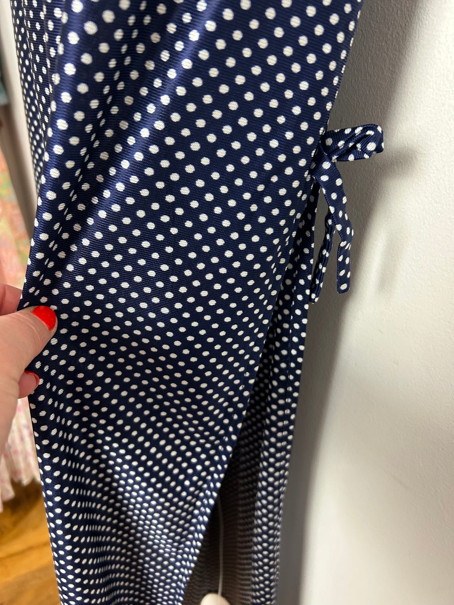 Vintage 1970s UK Size 8 Navy Blue & White Polka Dot Print Halterneck Summer Maxi Dress