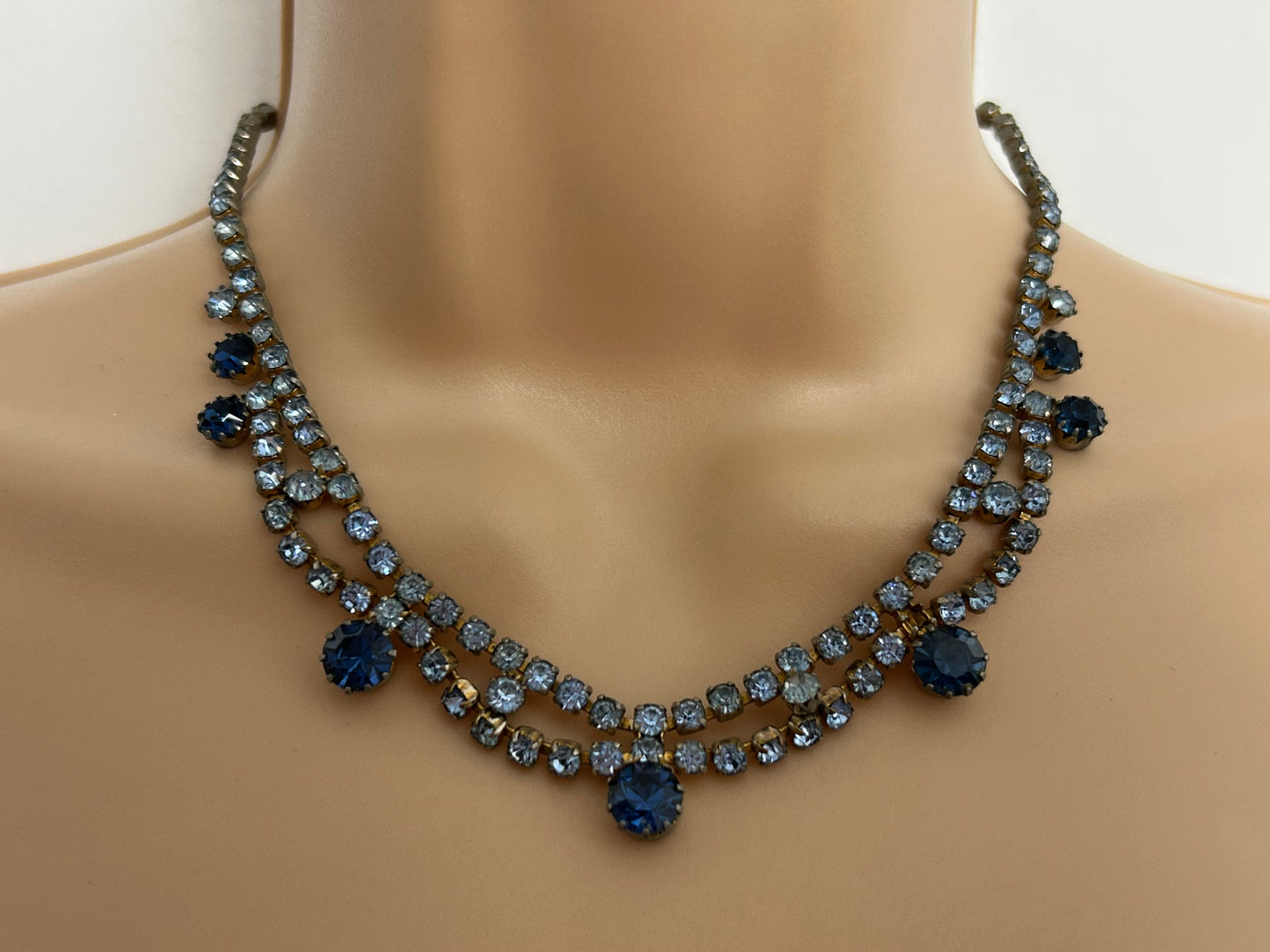 Vintage 1960s Gold Tone & Blue Diamante & Glass Stone Set Necklace