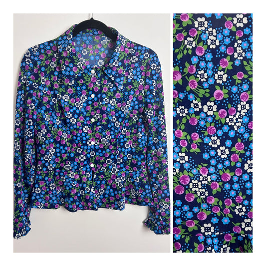 Vintage 1970s UK Size 10-12 Navy Blue Pink Blue & White Floral Print Long Sleeve Peplum Shirt