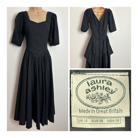 Vintage 1980s LAURA ASHLEY UK Size 8 (Size 12 On Label) Black Cotton Pleated Ballgown Party Dress